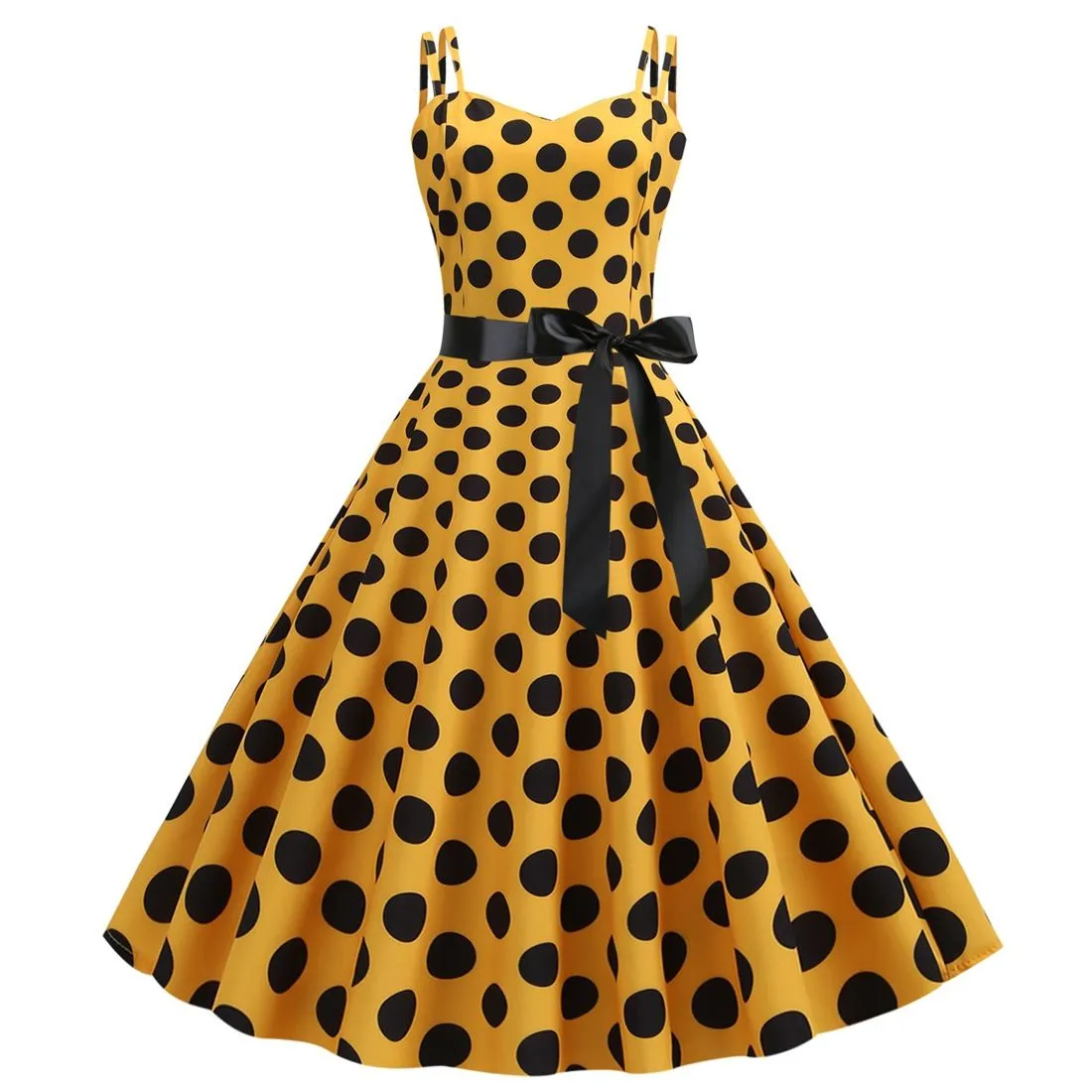 Women's 50s 60s 80s Vintage Sleeveless Strap Polka Dot A-Line Swing Cocktail Party Tea Dresses