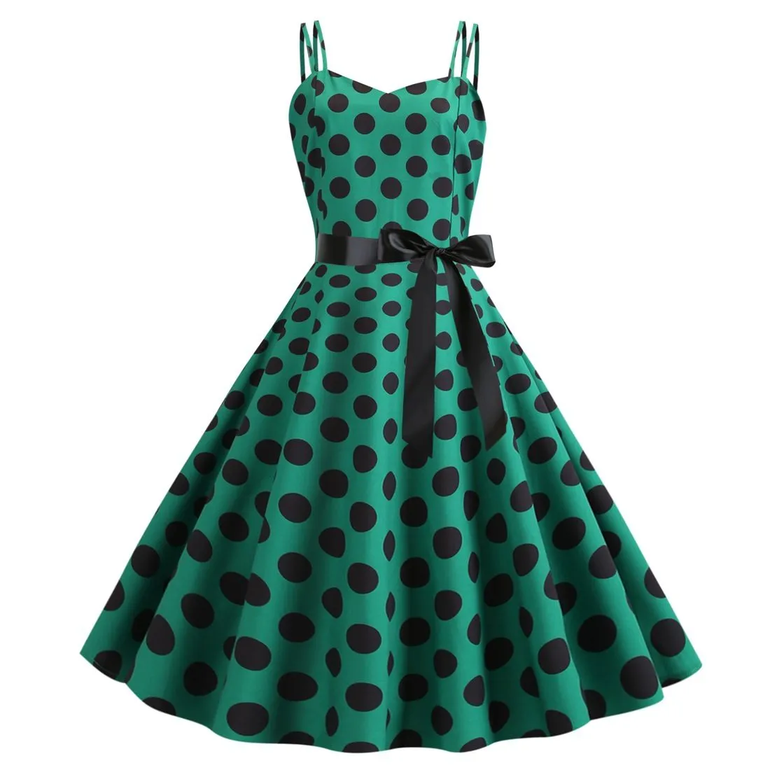 Women's 50s 60s 80s Vintage Sleeveless Strap Polka Dot A-Line Swing Cocktail Party Tea Dresses