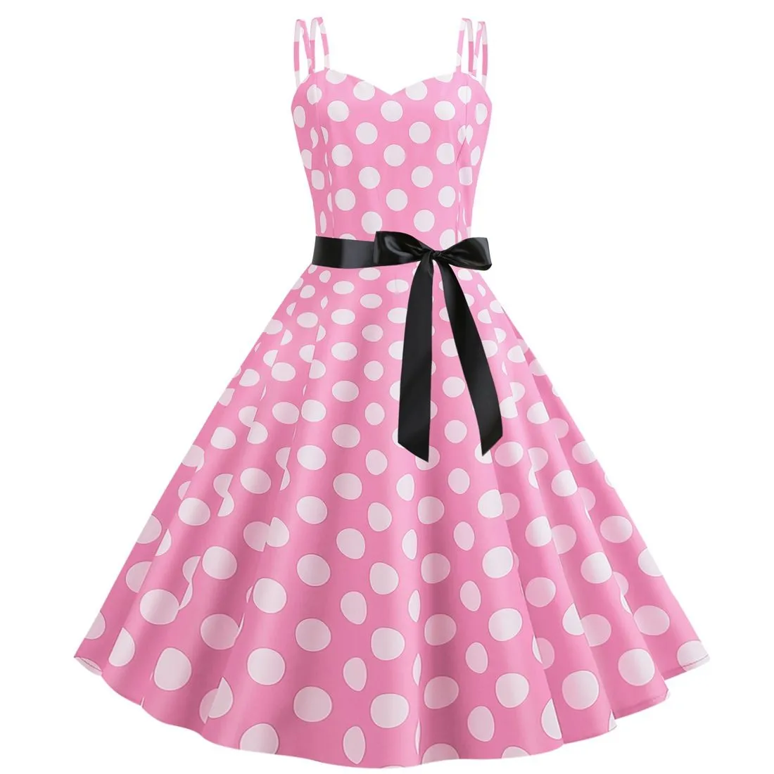 Women's 50s 60s 80s Vintage Sleeveless Strap Polka Dot A-Line Swing Cocktail Party Tea Dresses