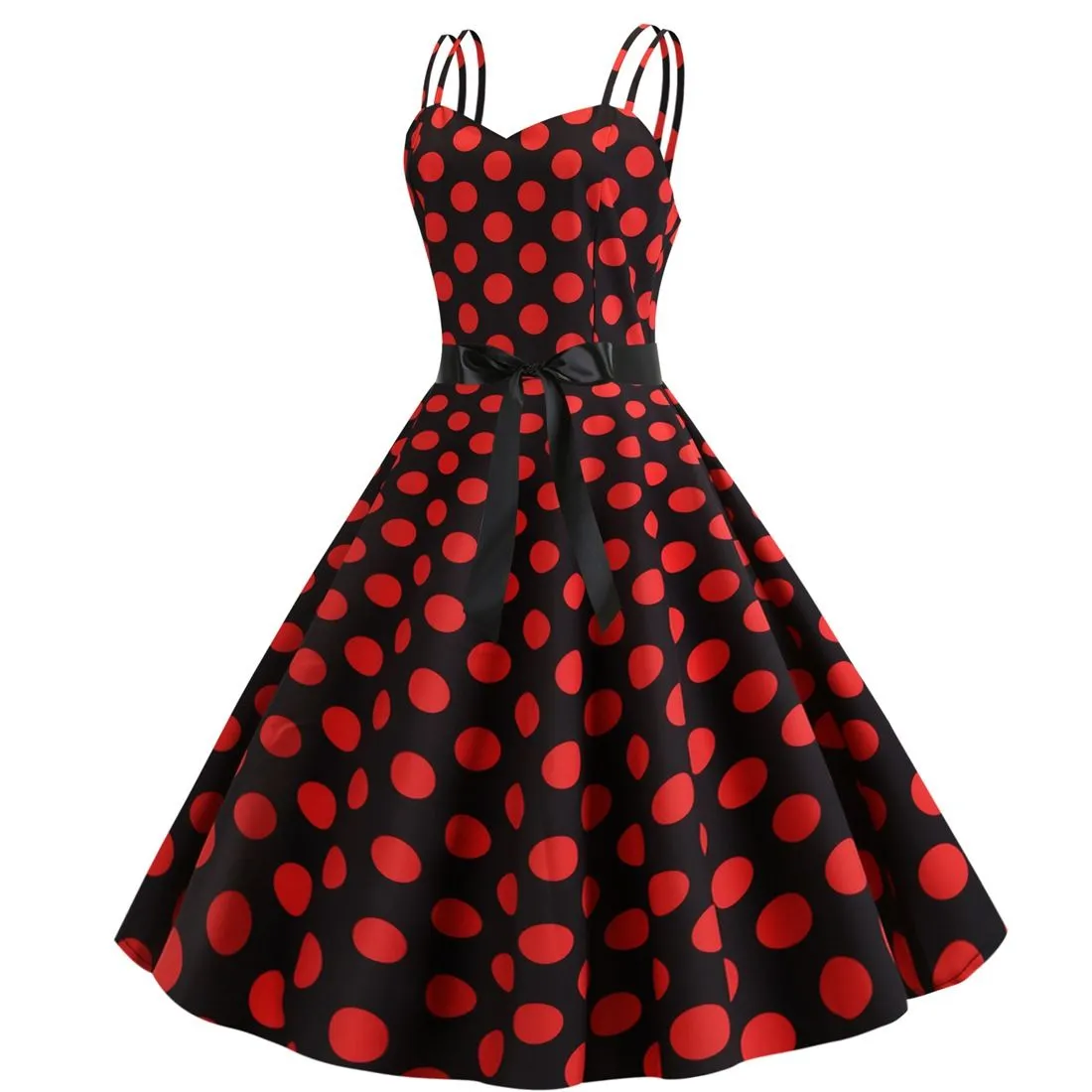 Women's 50s 60s 80s Vintage Sleeveless Strap Polka Dot A-Line Swing Cocktail Party Tea Dresses