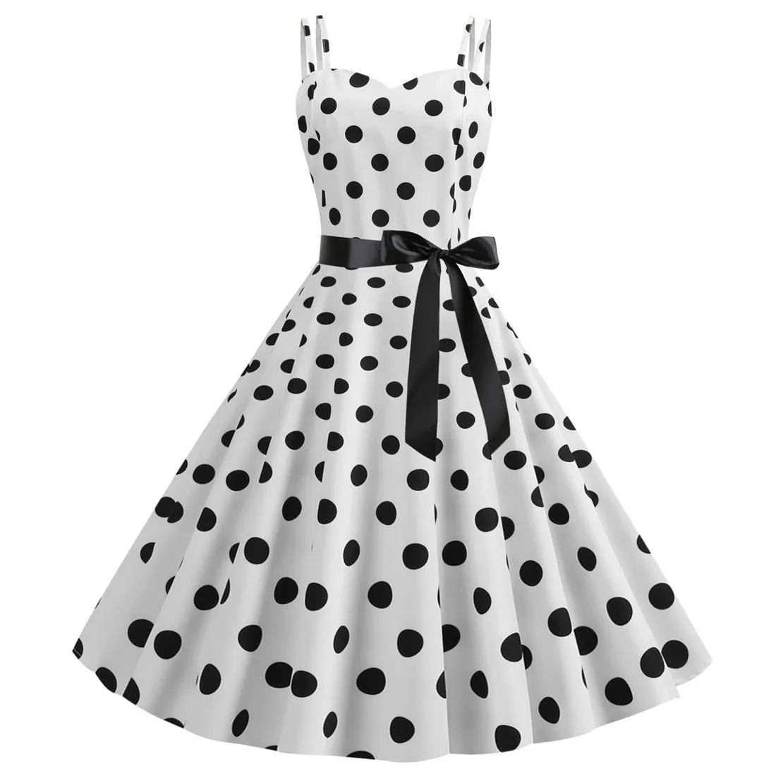 Women's 50s 60s 80s Vintage Sleeveless Strap Polka Dot A-Line Swing Cocktail Party Tea Dresses