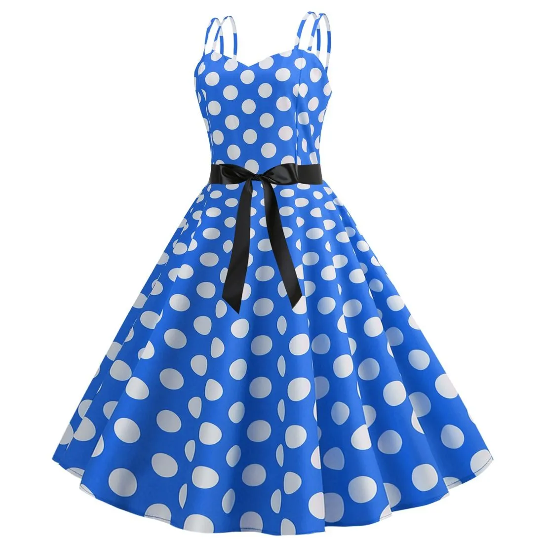 Women's 50s 60s 80s Vintage Sleeveless Strap Polka Dot A-Line Swing Cocktail Party Tea Dresses